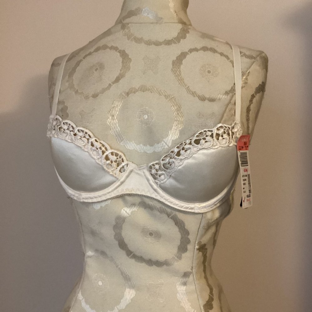 NWT VINTAGE OLGA IVORY LACE EDGINGS SATIN EMBROIDERED PADDED BRA STYLE 32811 36A
